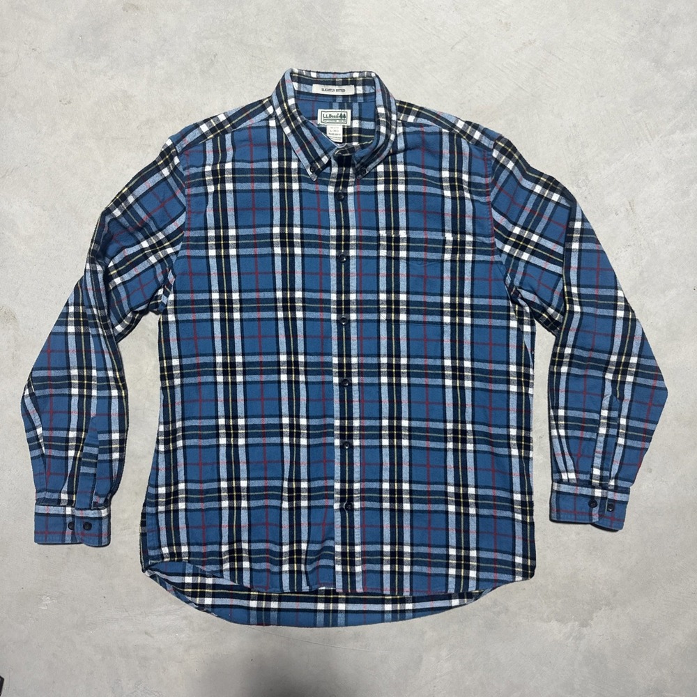 LL Bean Flannel Shirt Men's SZ Large Blue Plaid Slightly Fitted Cotton Outdoor